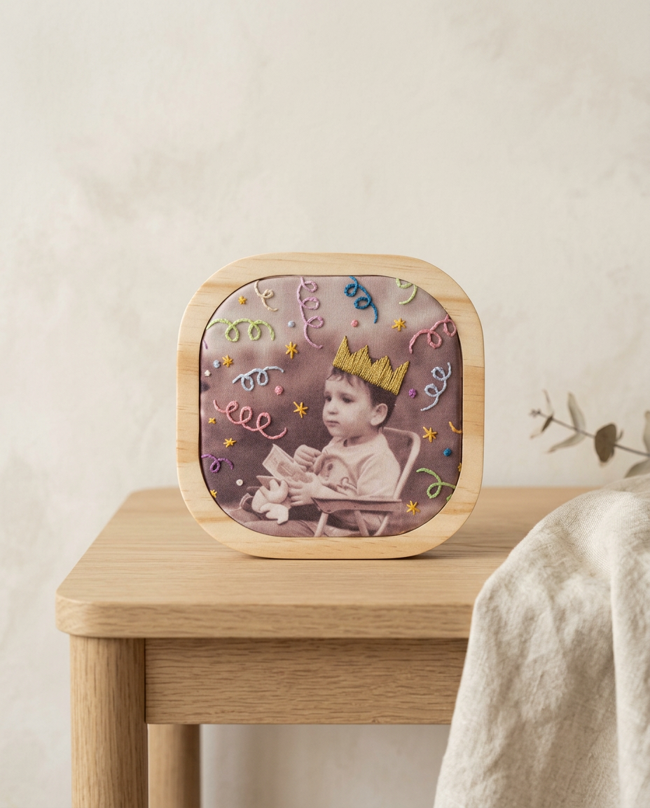 Retrato infantil com detalhes bordados e moldura personalizada